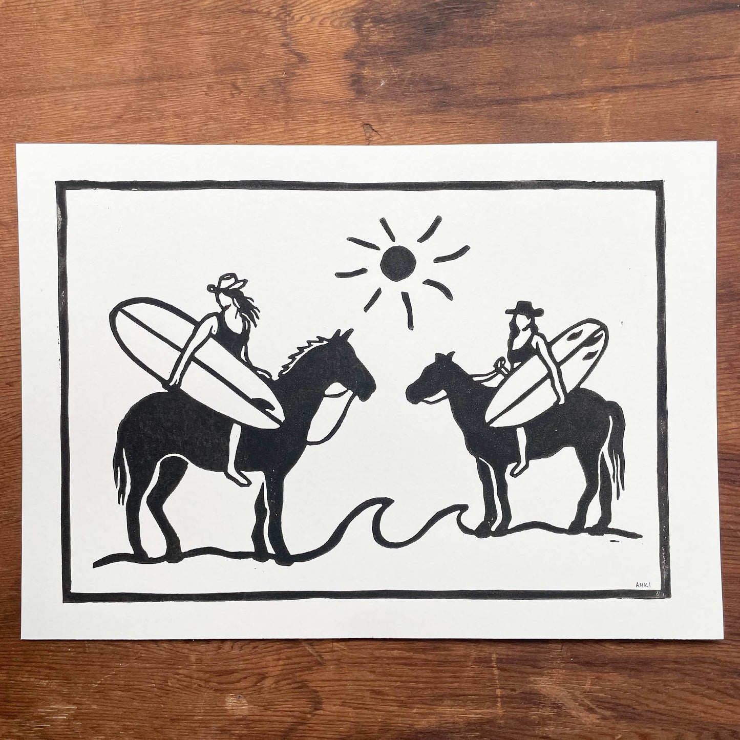 Beach Cowgirls - Lino Block Print