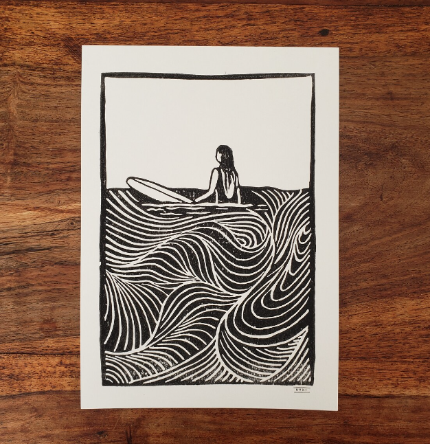 Surf Girl II - Waiting for Waves - Lino Block Print