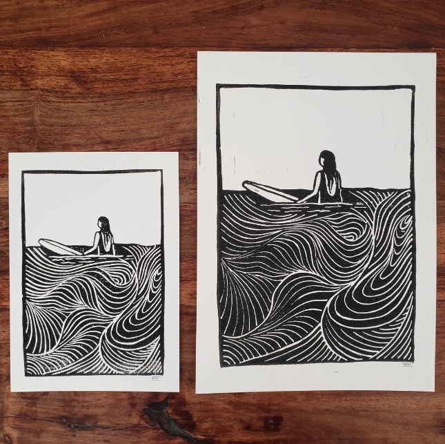 Surf Girl II - Waiting for Waves - Lino Block Print