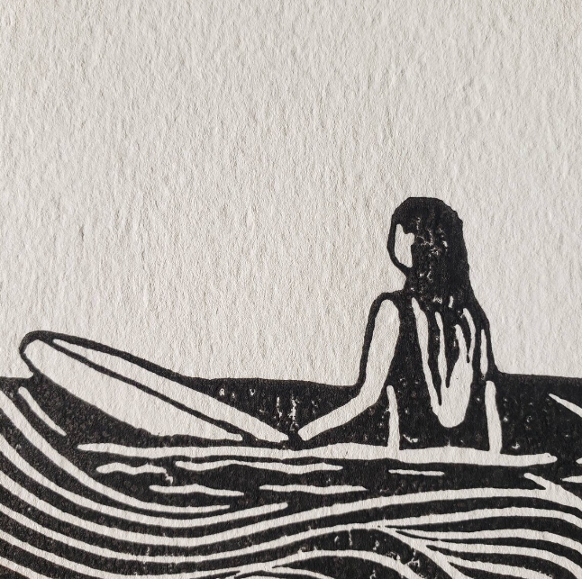 Surf Girl II - Waiting for Waves - Lino Block Print