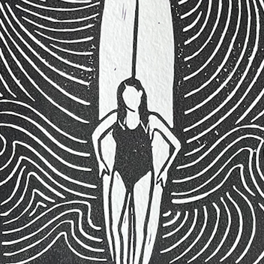 Surf Girl and Board - Lino Block Print
