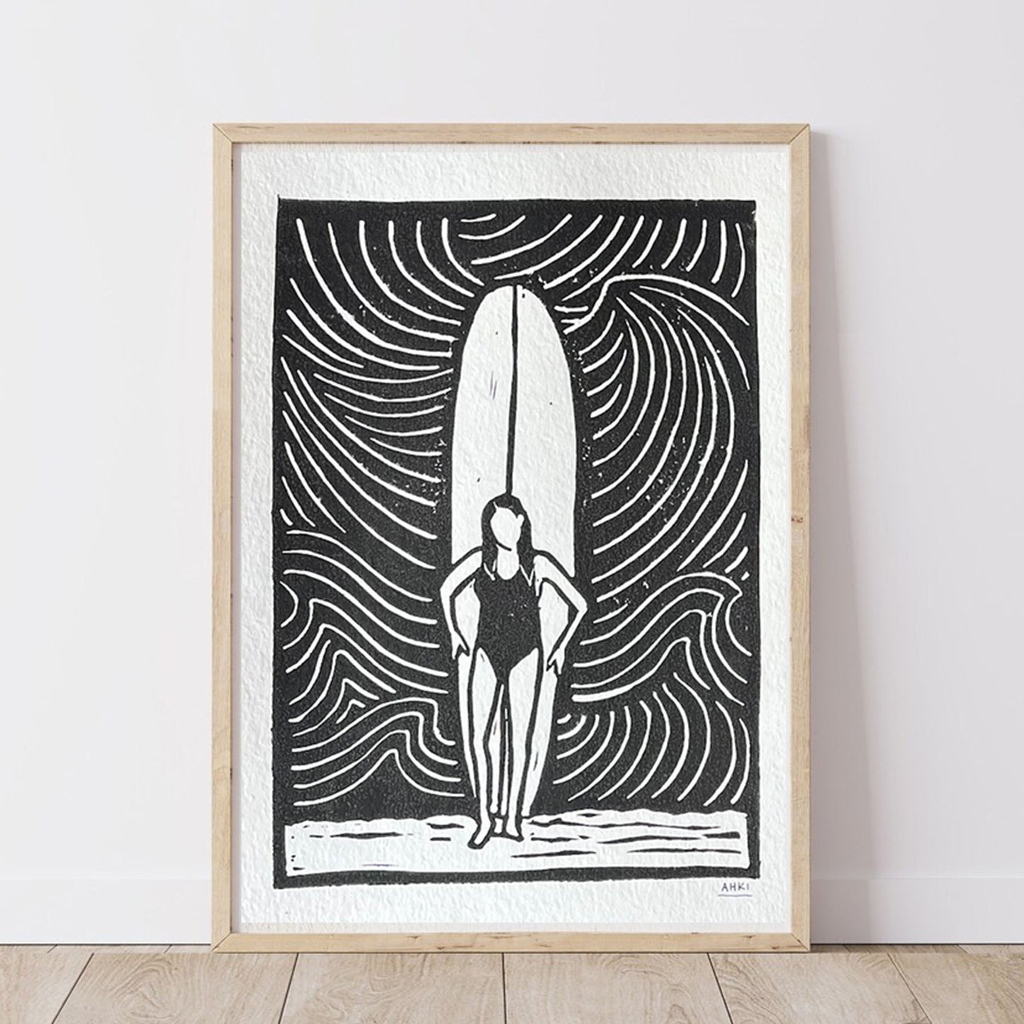 Surf Girl and Board - Lino Block Print
