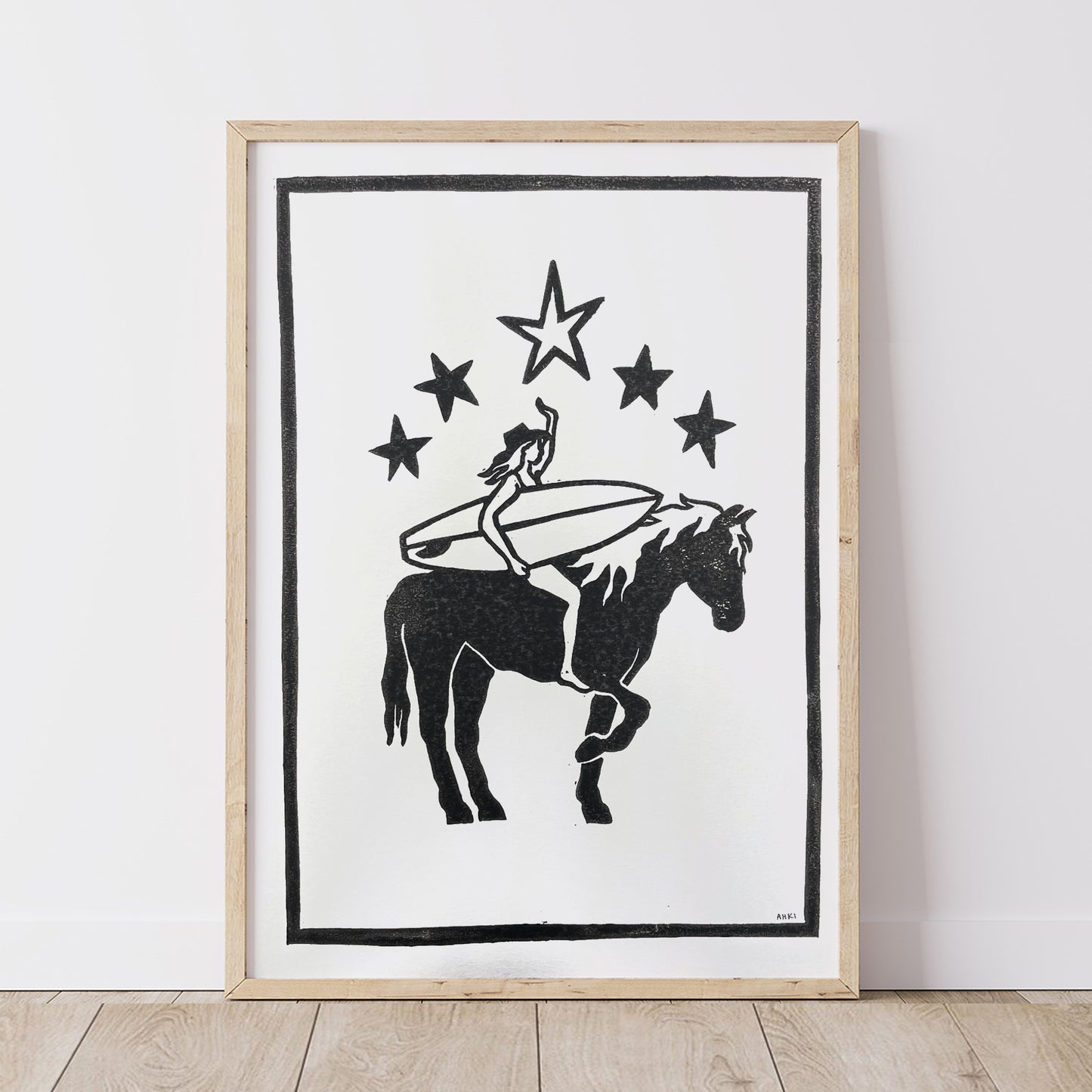 Surfer Cowgirl | Lino Print | Surf Girl Art