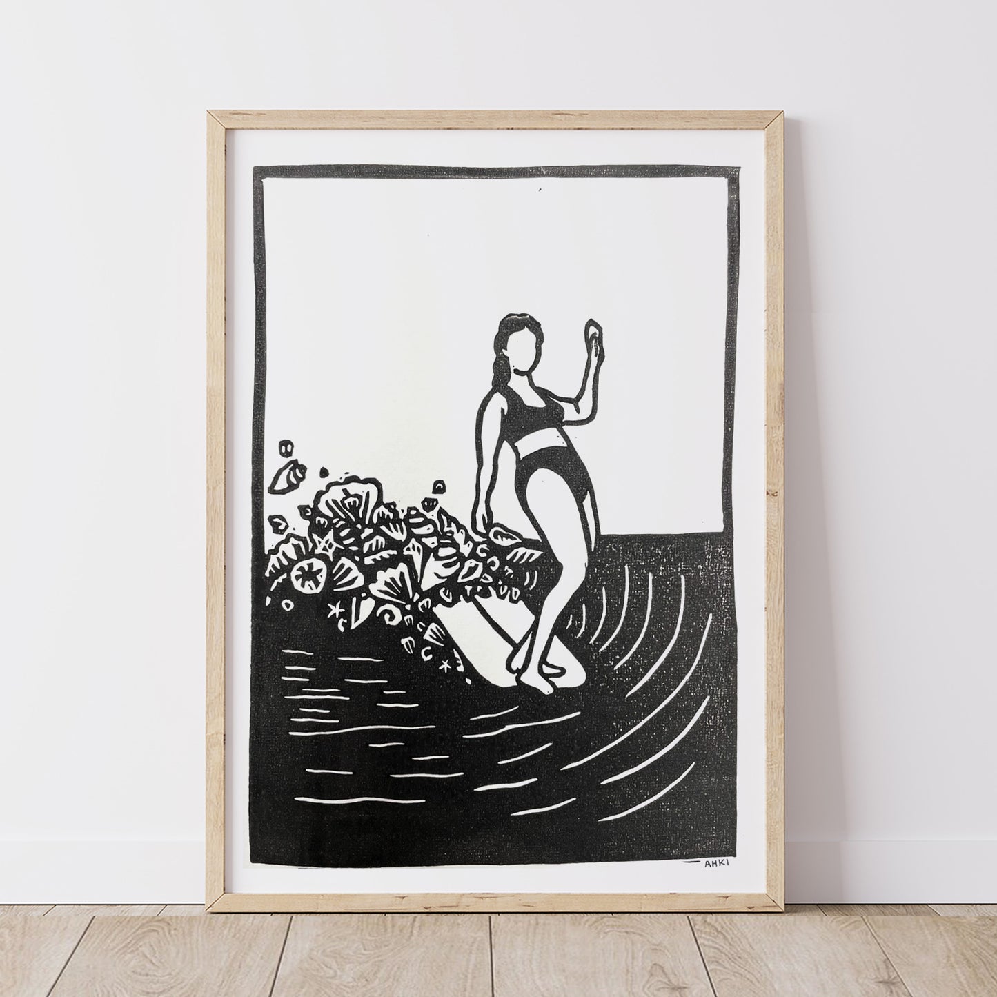 She surfs seashells | Lino Print | Coastal Surf Art