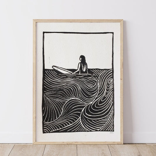 Surf Girl II - Waiting for Waves - Lino Block Print