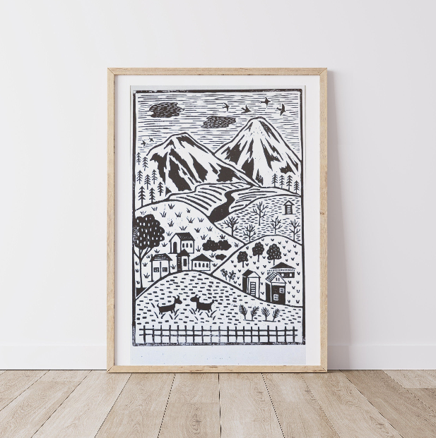 Little Village Lino Print - Brown