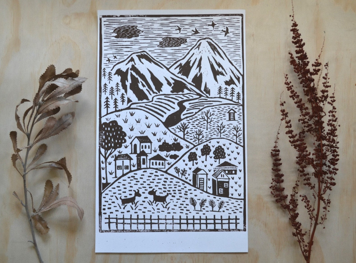 Little Village Lino Print - Brown
