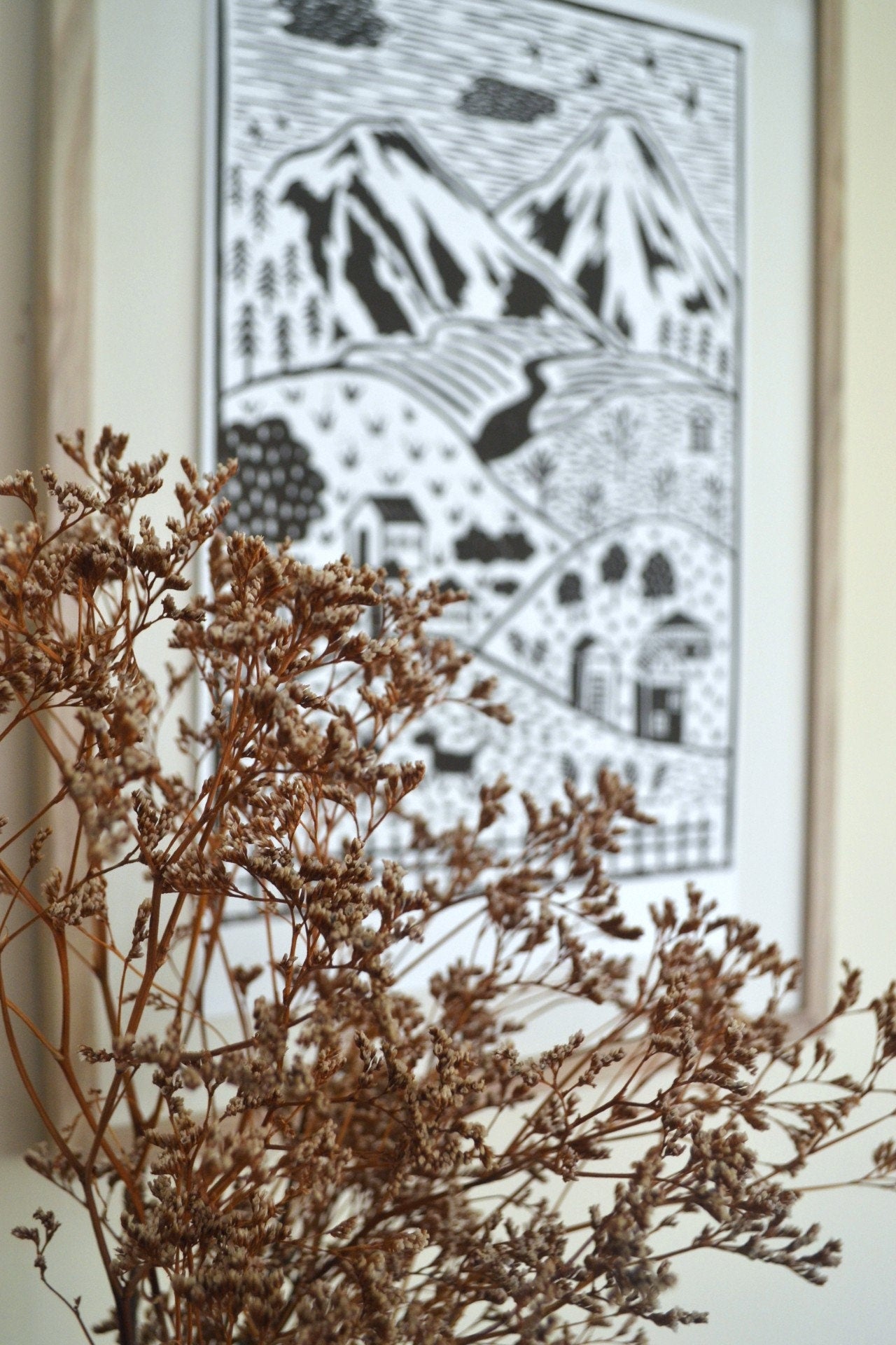 Little Village Lino Print - Brown