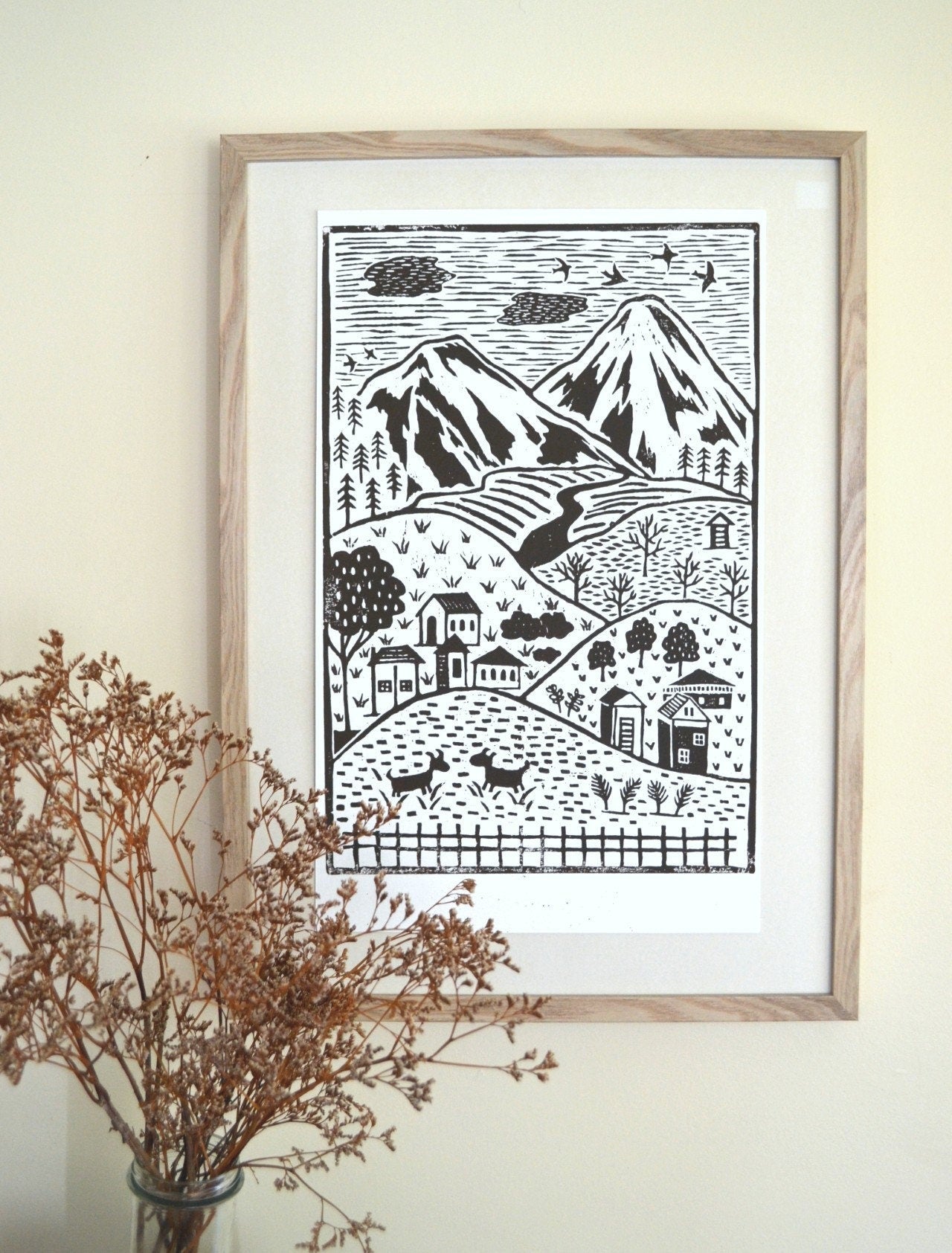 Little Village Lino Print - Brown