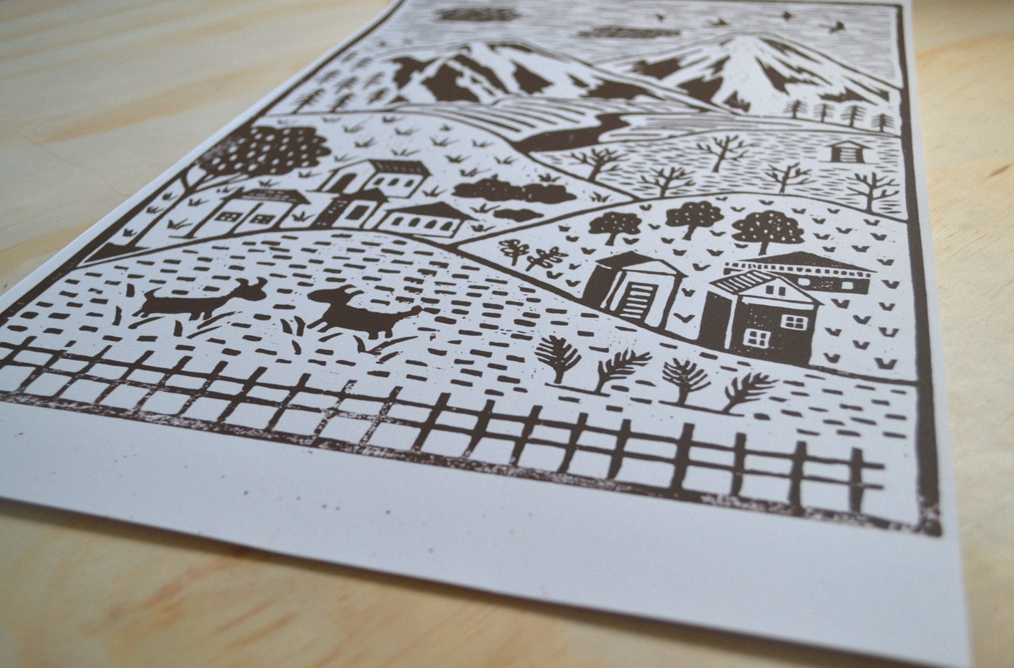 Little Village Lino Print - Brown