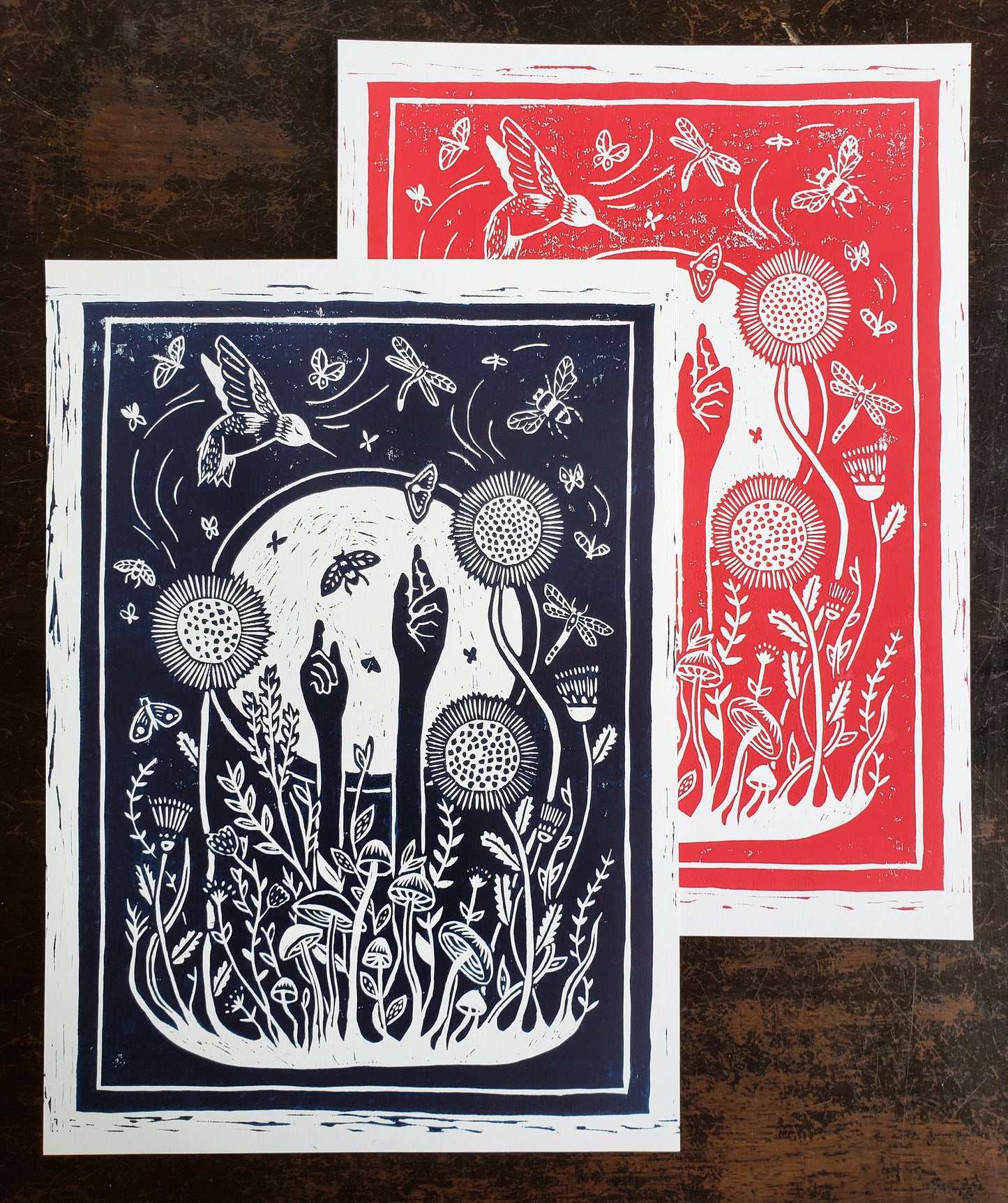 Growing Garden Navy Blue Lino Block Print