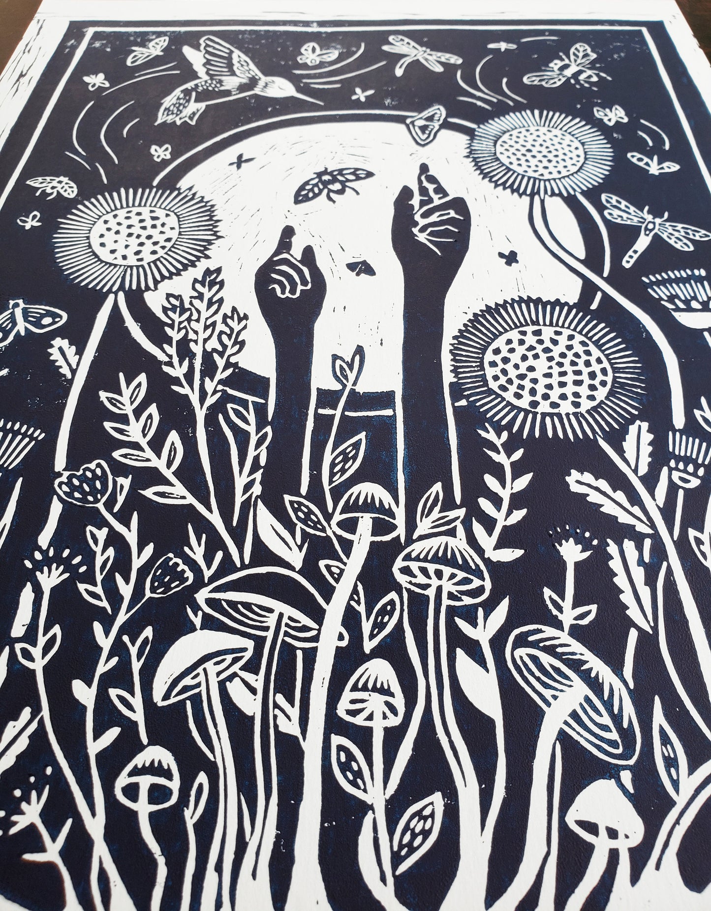 Growing Garden Navy Blue Lino Block Print
