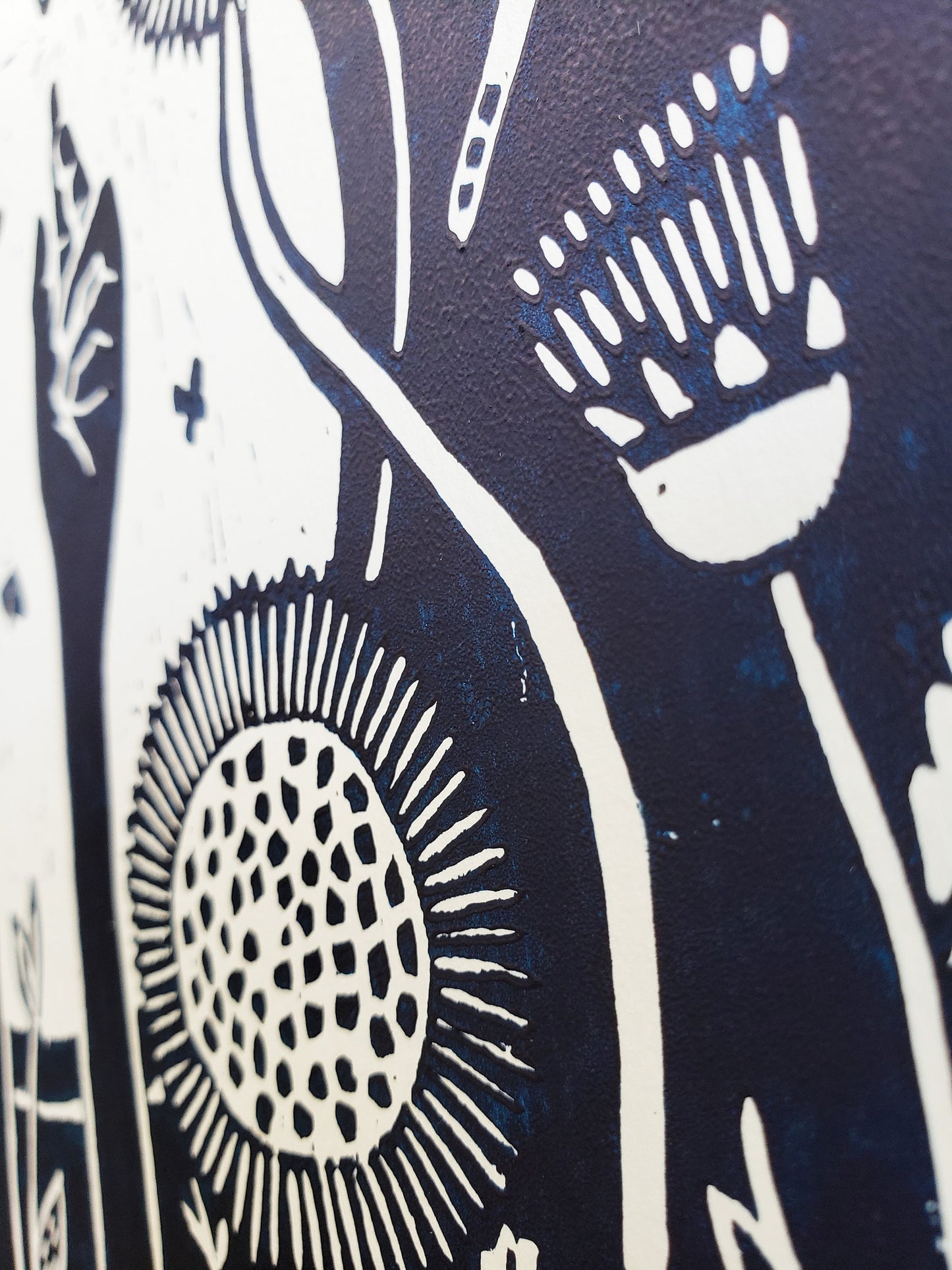 Growing Garden Navy Blue Lino Block Print