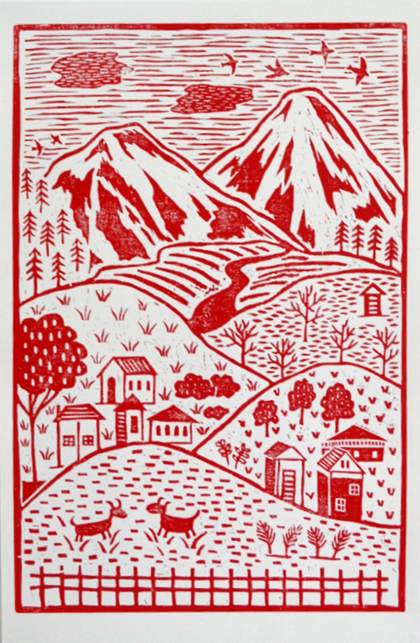 Little Village Lino Print - Red