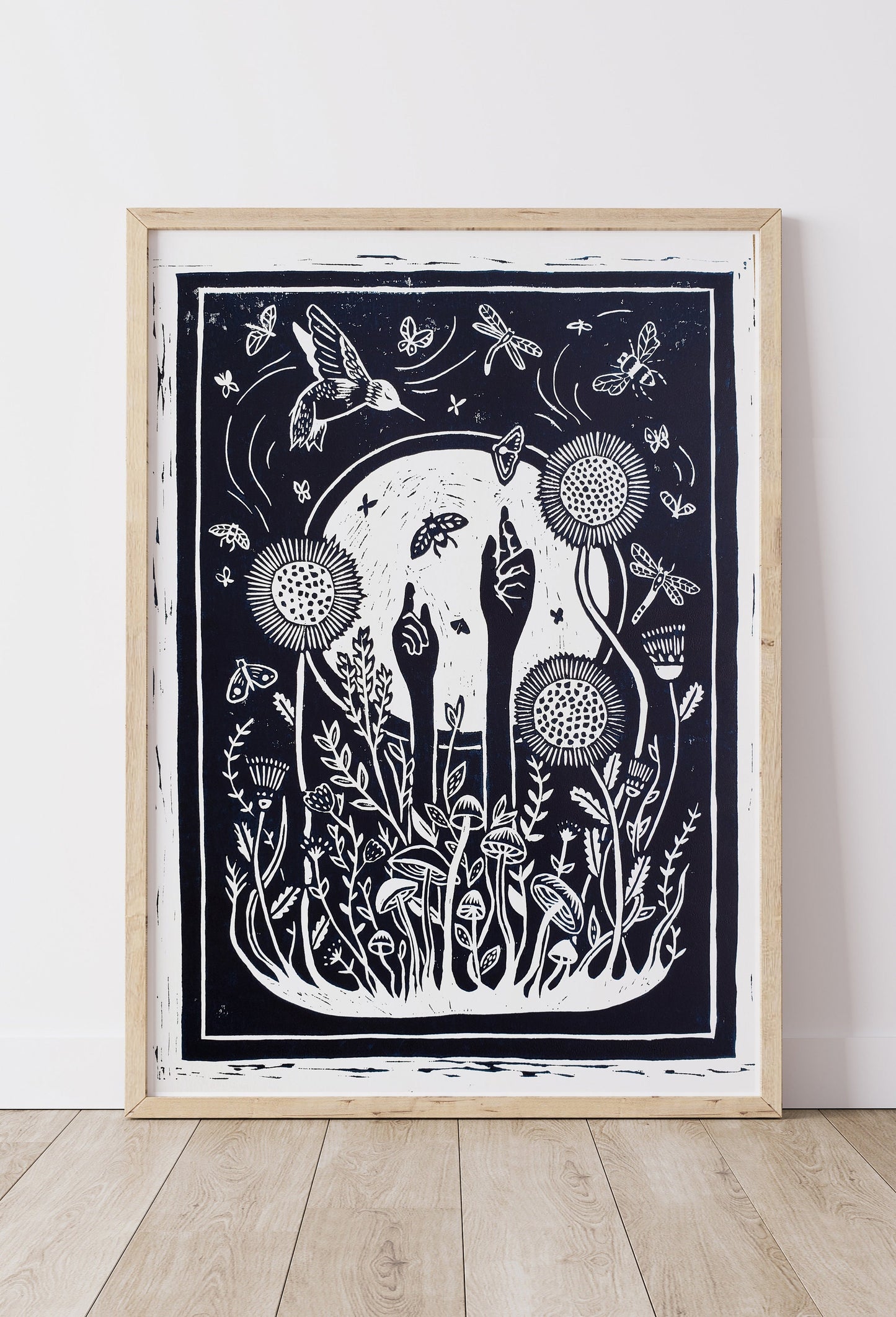 Growing Garden Navy Blue Lino Block Print