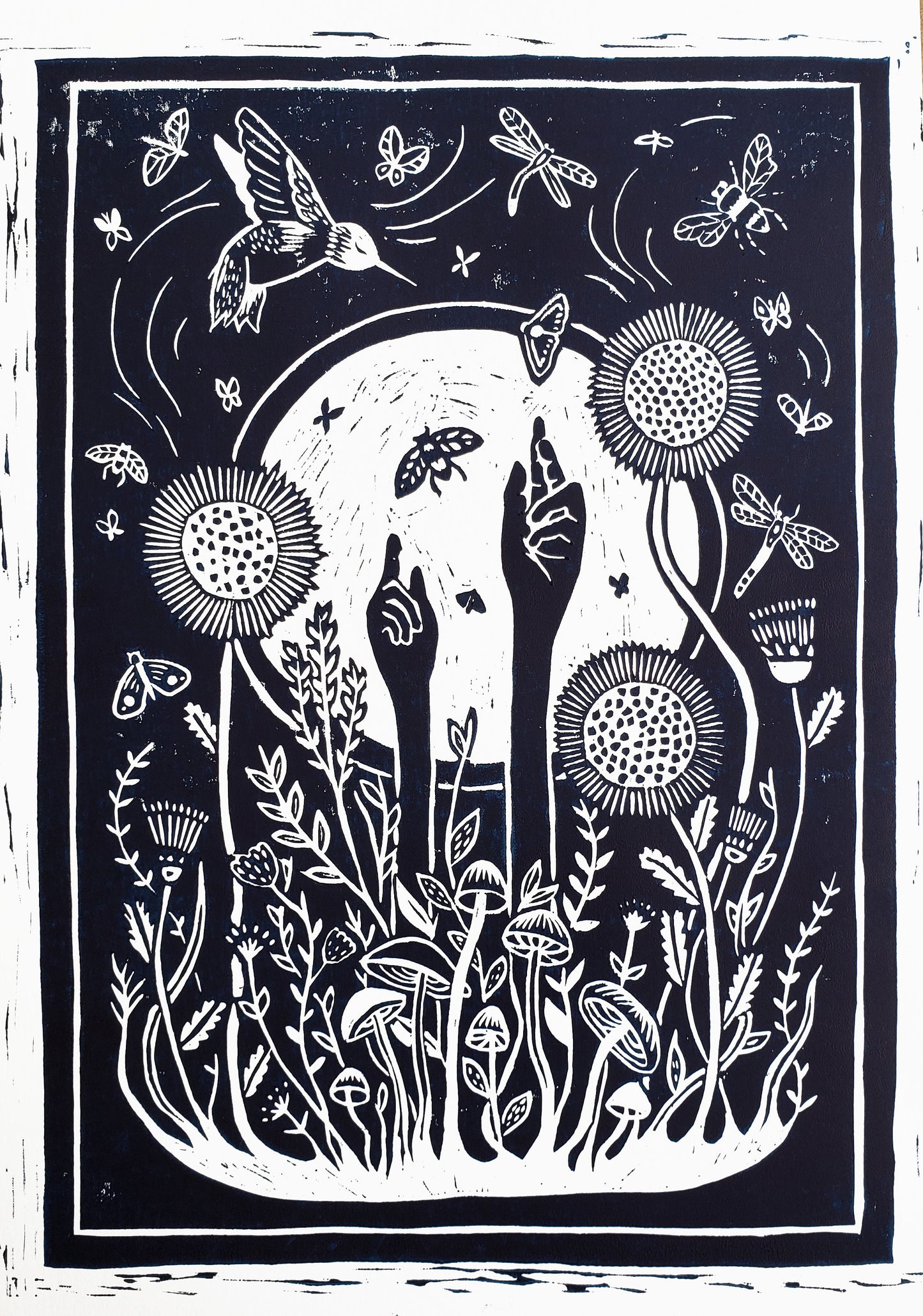 Growing Garden Navy Blue Lino Block Print