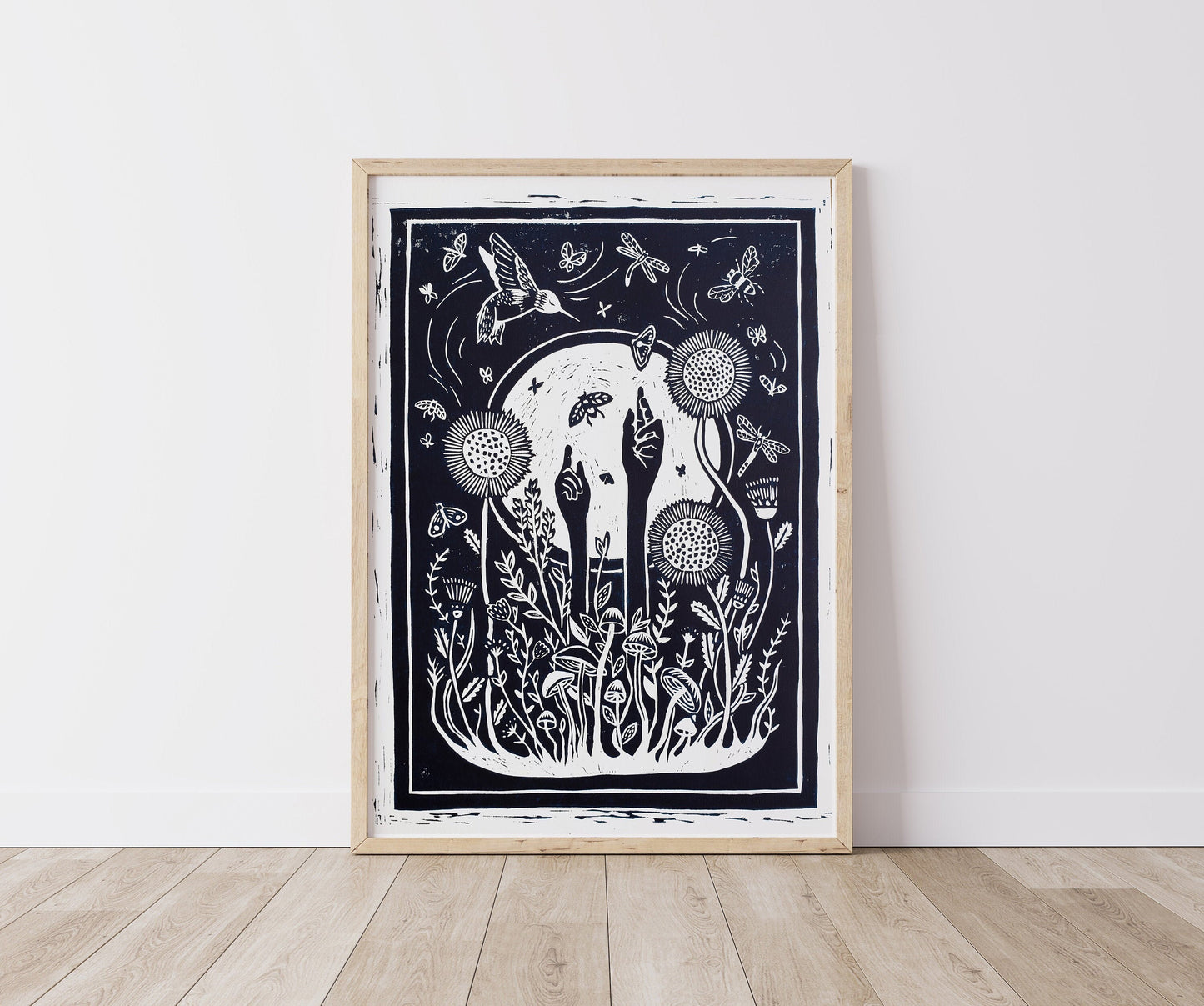 Growing Garden Navy Blue Lino Block Print
