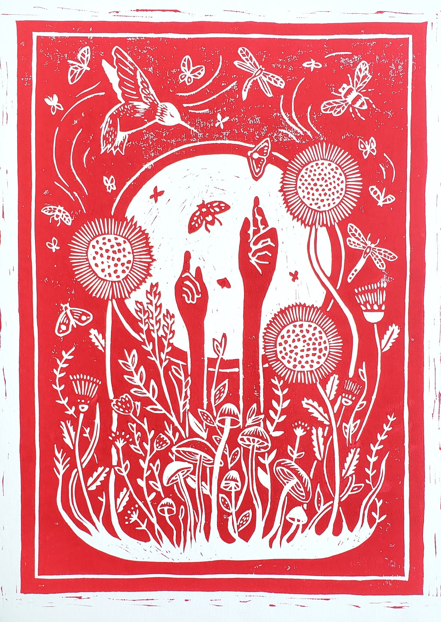 Growing Garden Red Lino Block Print