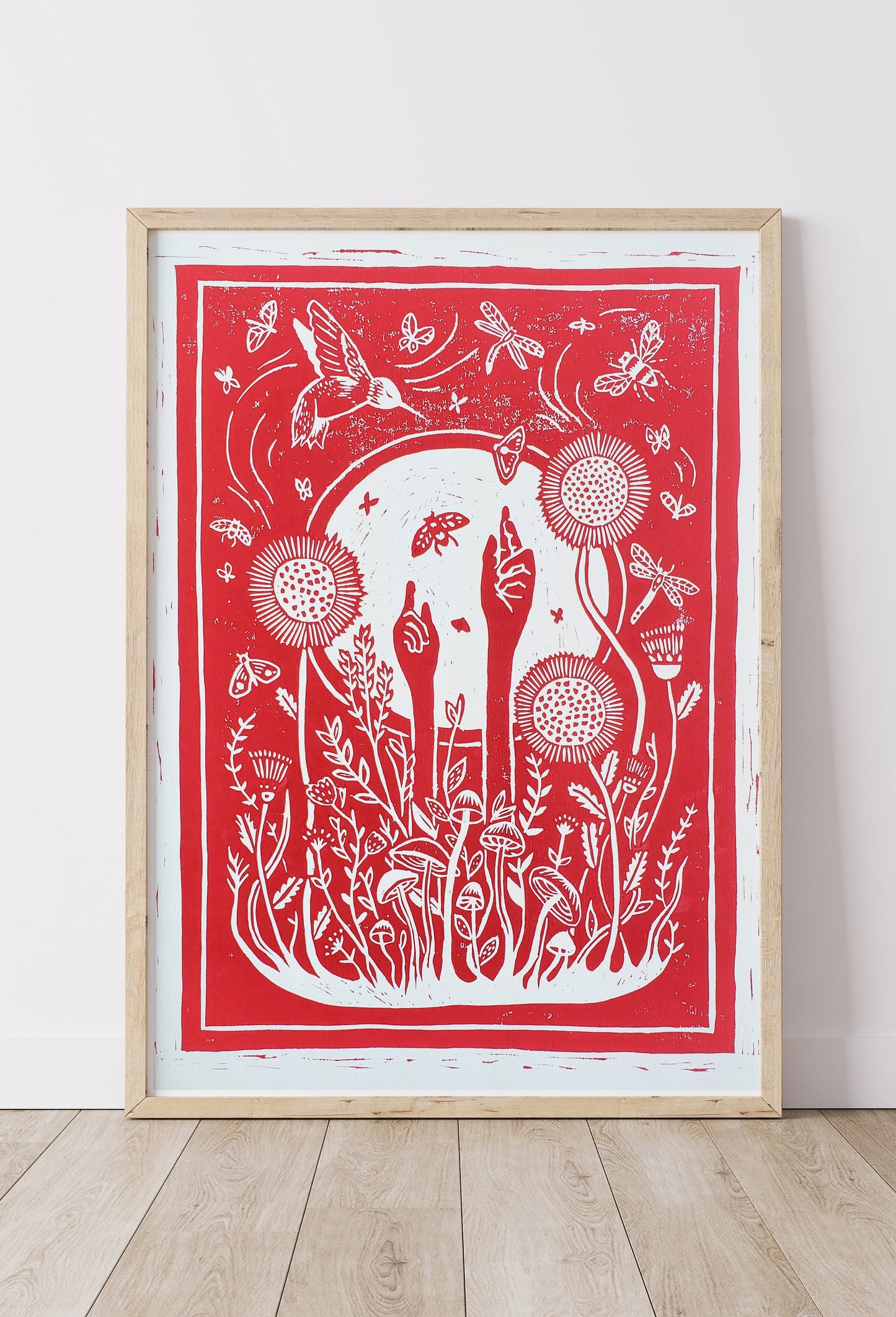 Growing Garden Red Lino Block Print