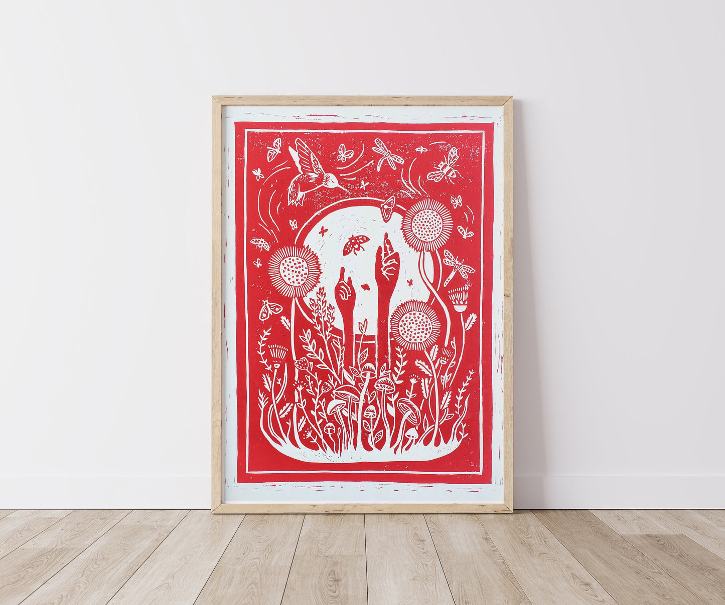 Growing Garden Red Lino Block Print