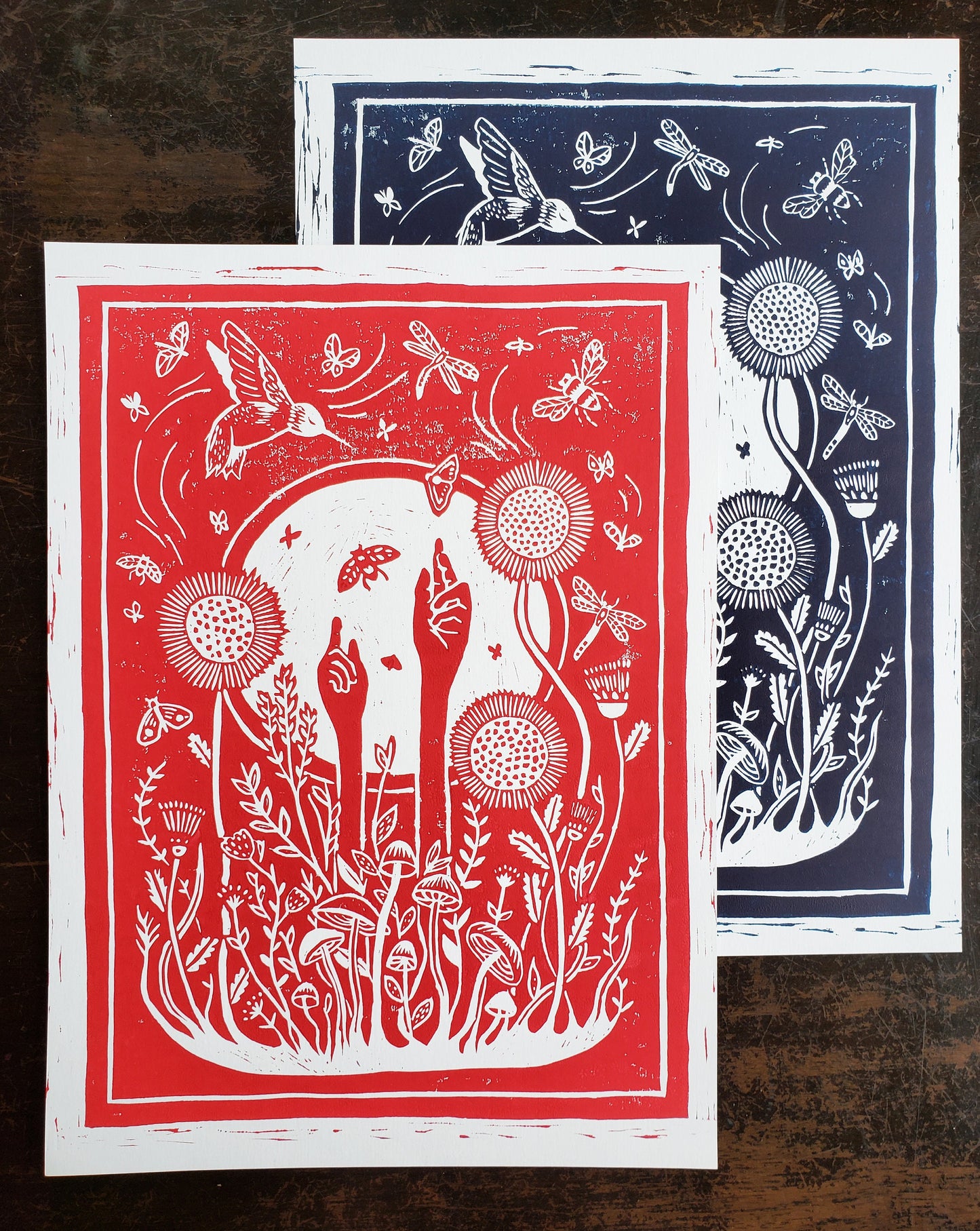 Growing Garden Red Lino Block Print