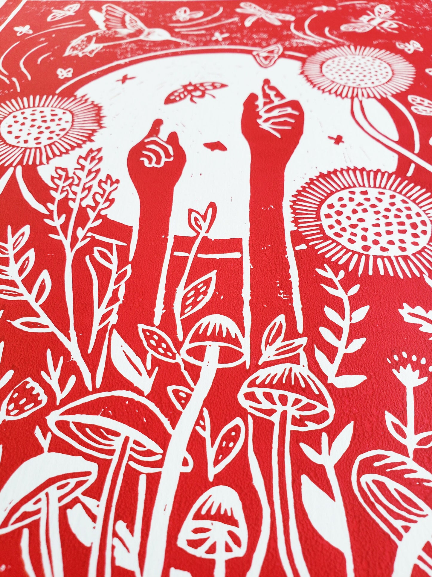 Growing Garden Red Lino Block Print