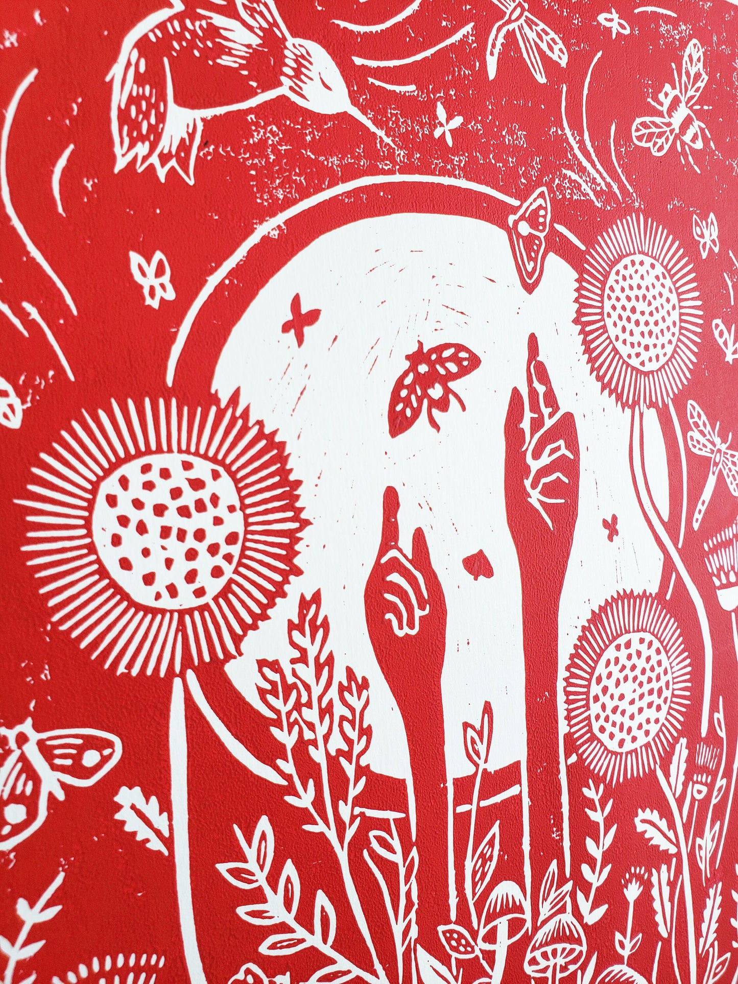 Growing Garden Red Lino Block Print