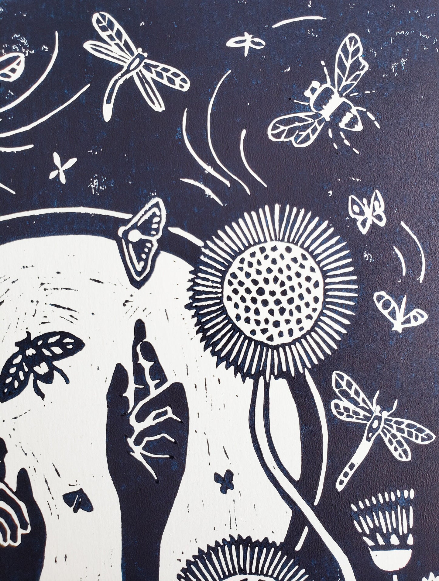 Growing Garden Navy Blue Lino Block Print