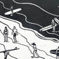 Black and white lino print illustration of people with surfboards and on a beach.