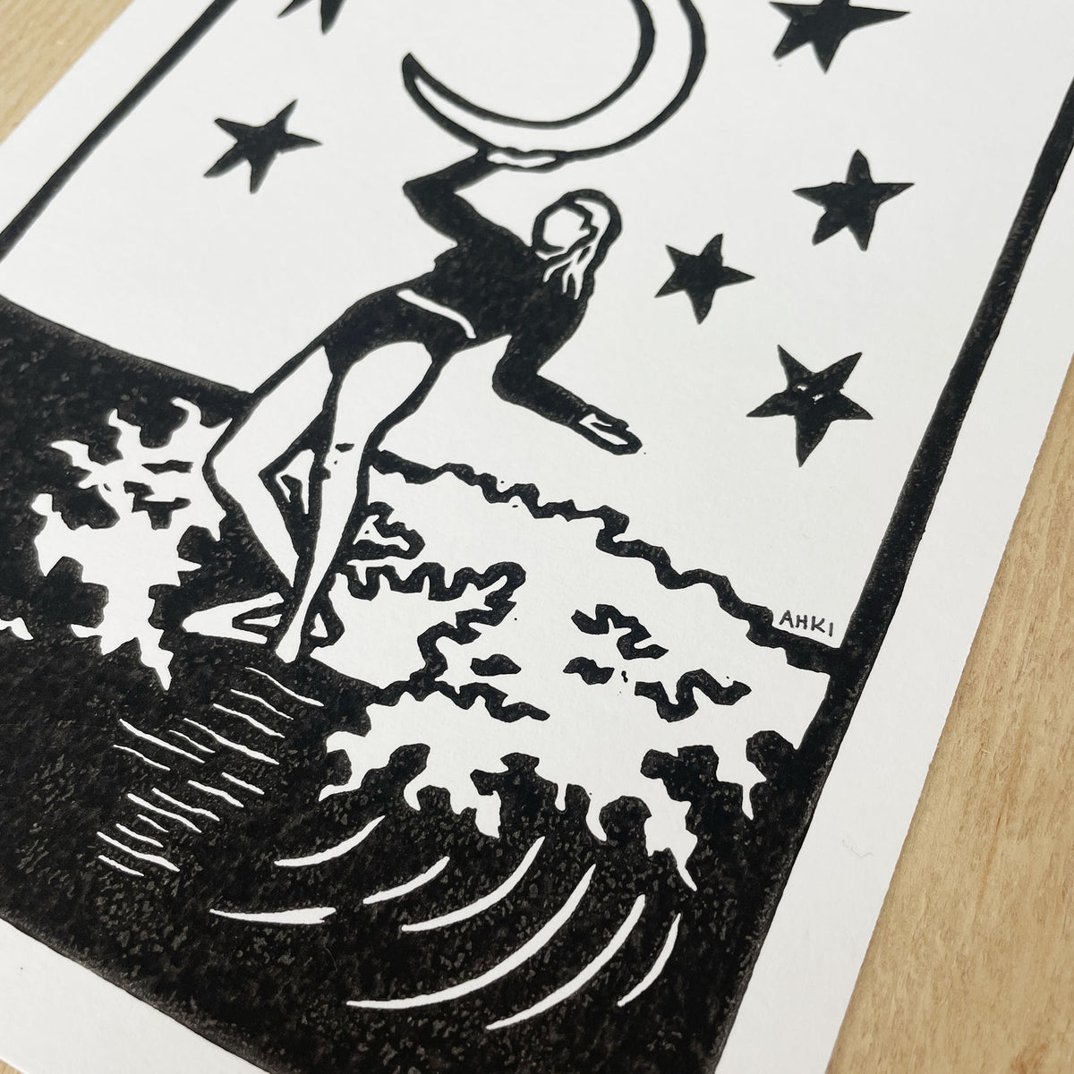 Moon Soul Surfer | Lino Print | Surfer Girl Art