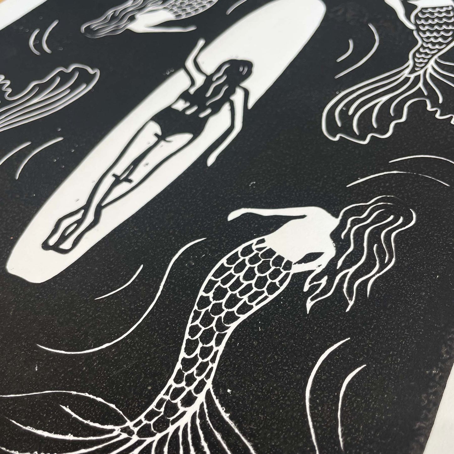 Mermaid Waters Lino Print | Coastal Surf Art