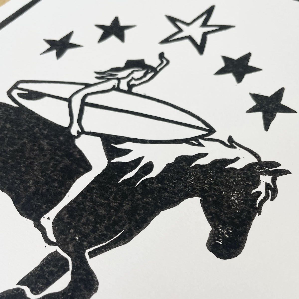 Surfer Cowgirl | Lino Print | Surf Girl Art