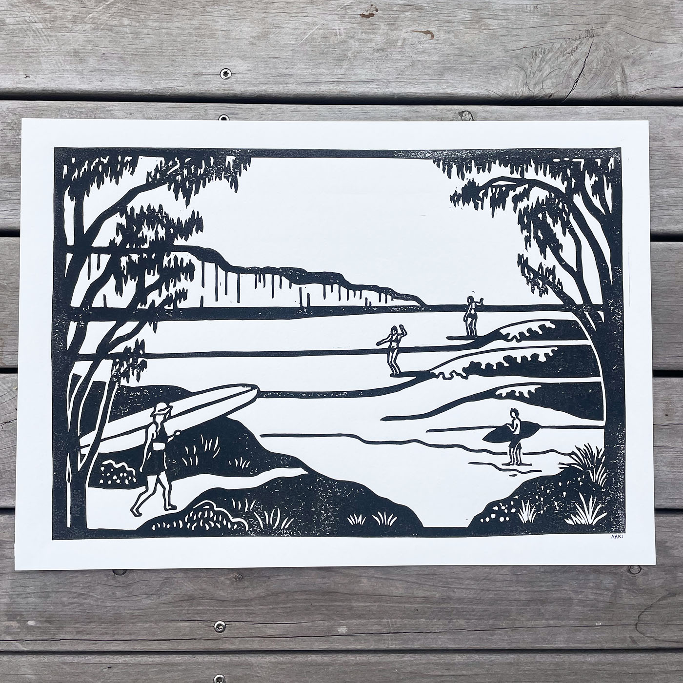 Dream Scene | Lino Print Surf Art | Black and White Coastal Wall Art