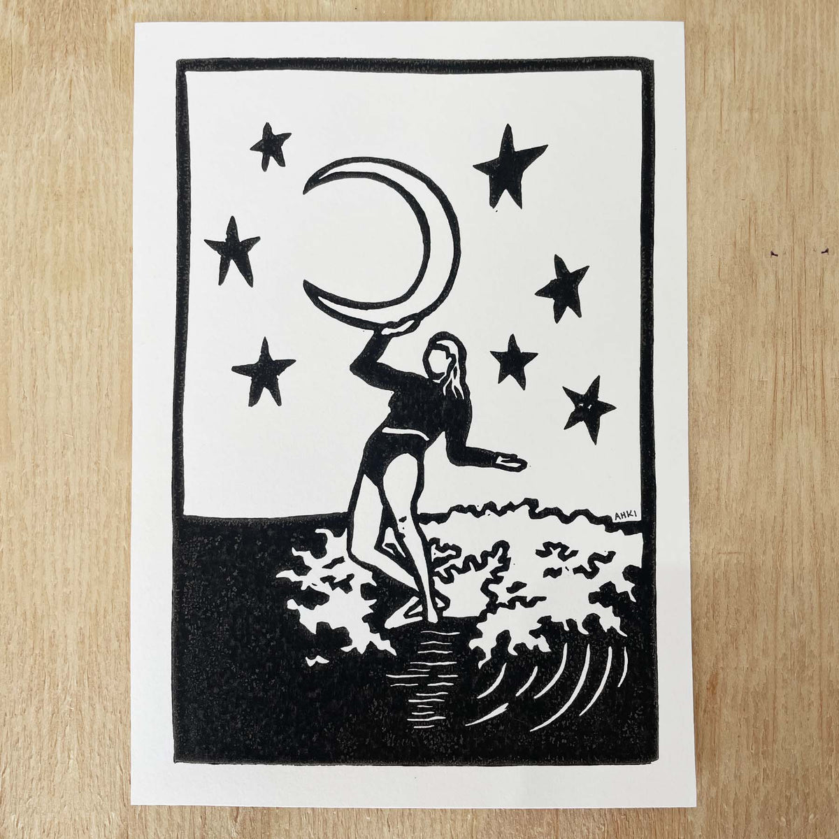 Moon Soul Surfer | Lino Print | Surfer Girl Art