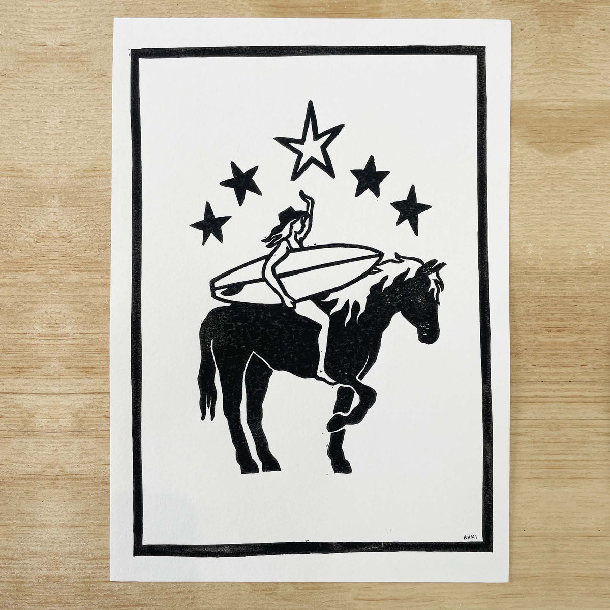 Surfer Cowgirl | Lino Print | Surf Girl Art