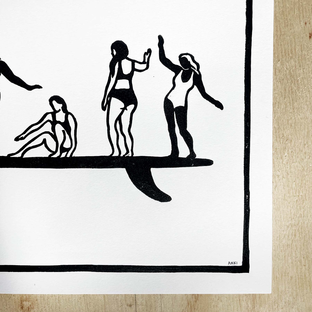 Girls on Board | Lino Print | Women's Surf Art