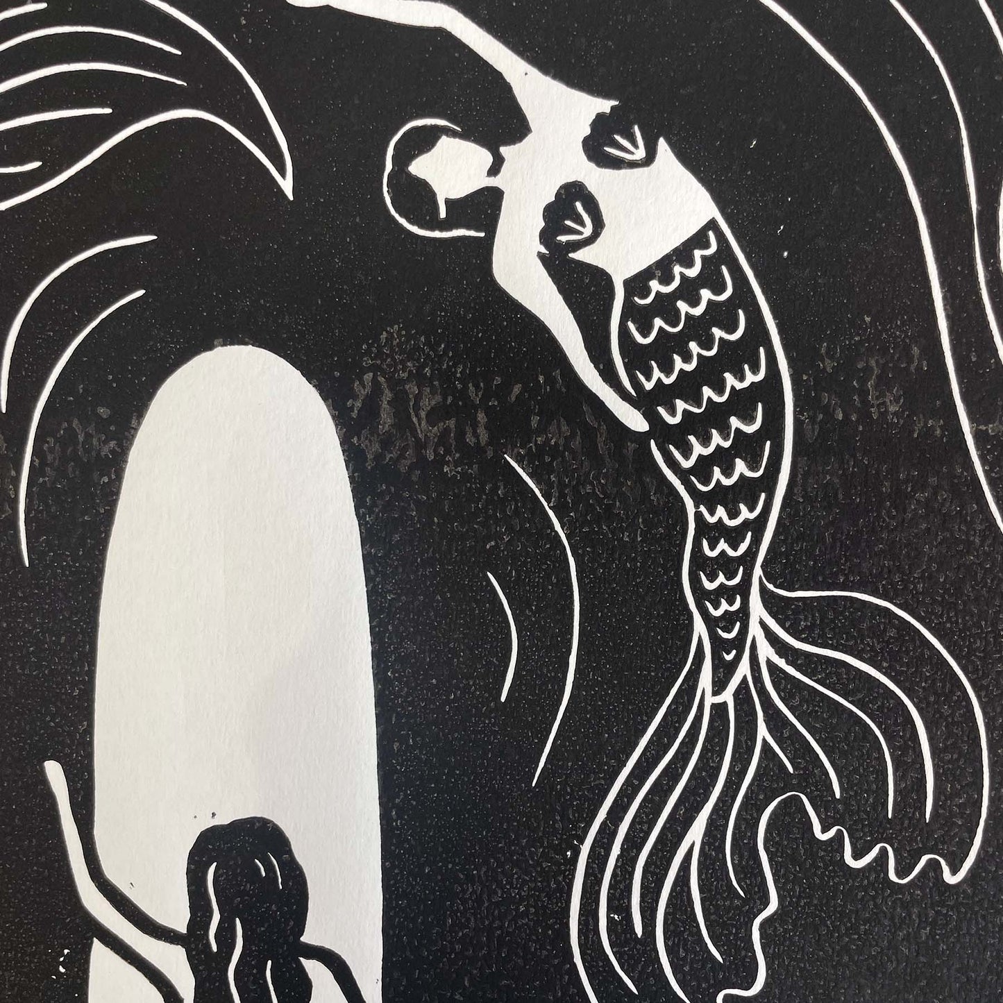 Mermaid Waters Lino Print | Coastal Surf Art