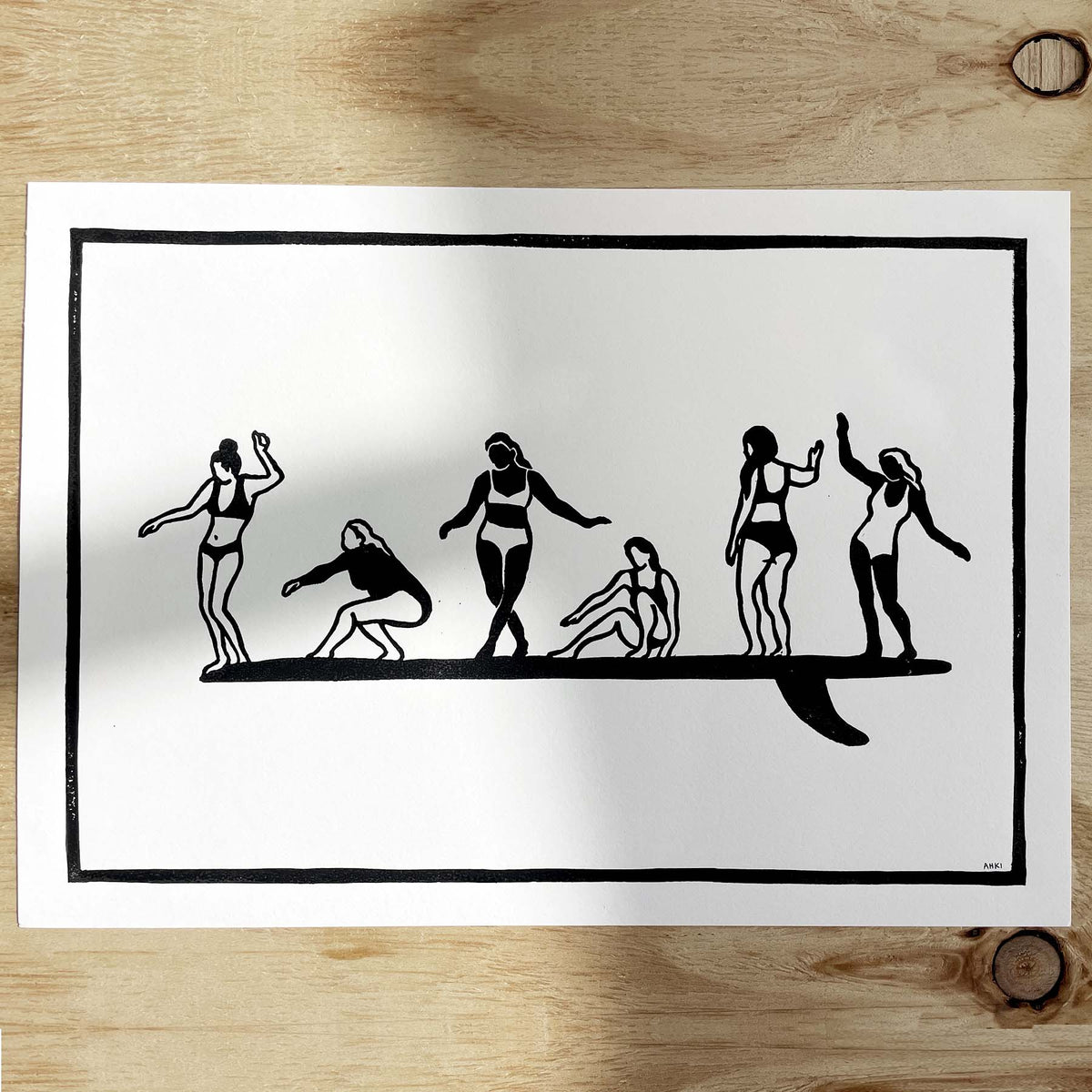 Girls on Board | Lino Print | Women's Surf Art