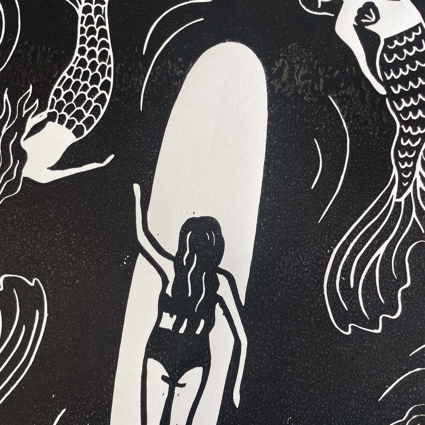 Mermaid Waters Lino Print | Coastal Surf Art