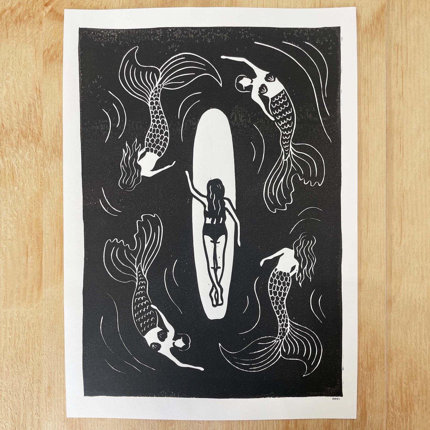 Mermaid Waters Lino Print | Coastal Surf Art