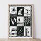 Framed black and white lino print artwork with various surf coastal lifestyle imagery, dolhpins, surfing, van, surfboards, sun, waves