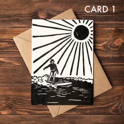 Surfer Lino Art Greeting Cards