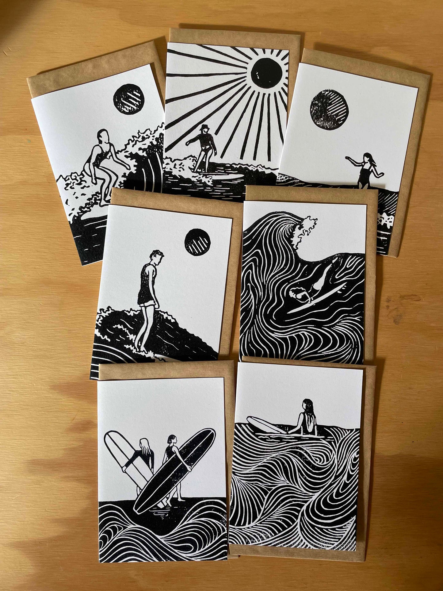 Surfer Lino Art Greeting Cards