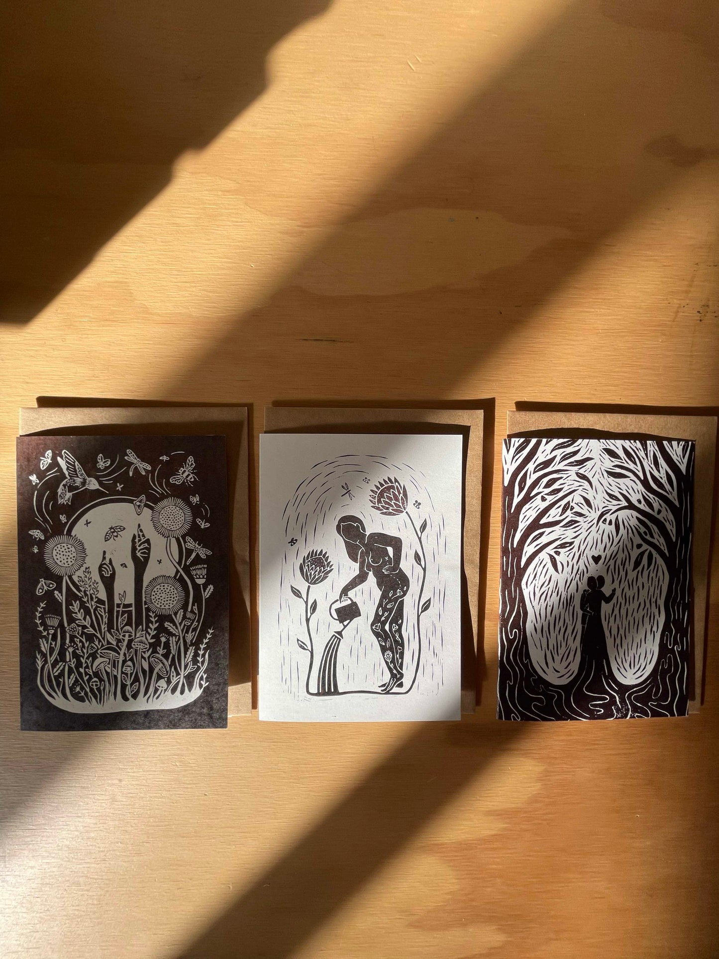 Brown Lino Art Greeting Card Set of 3