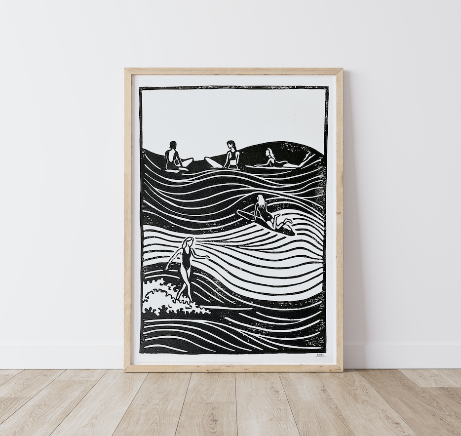 Women in the Water - Lino Block Print