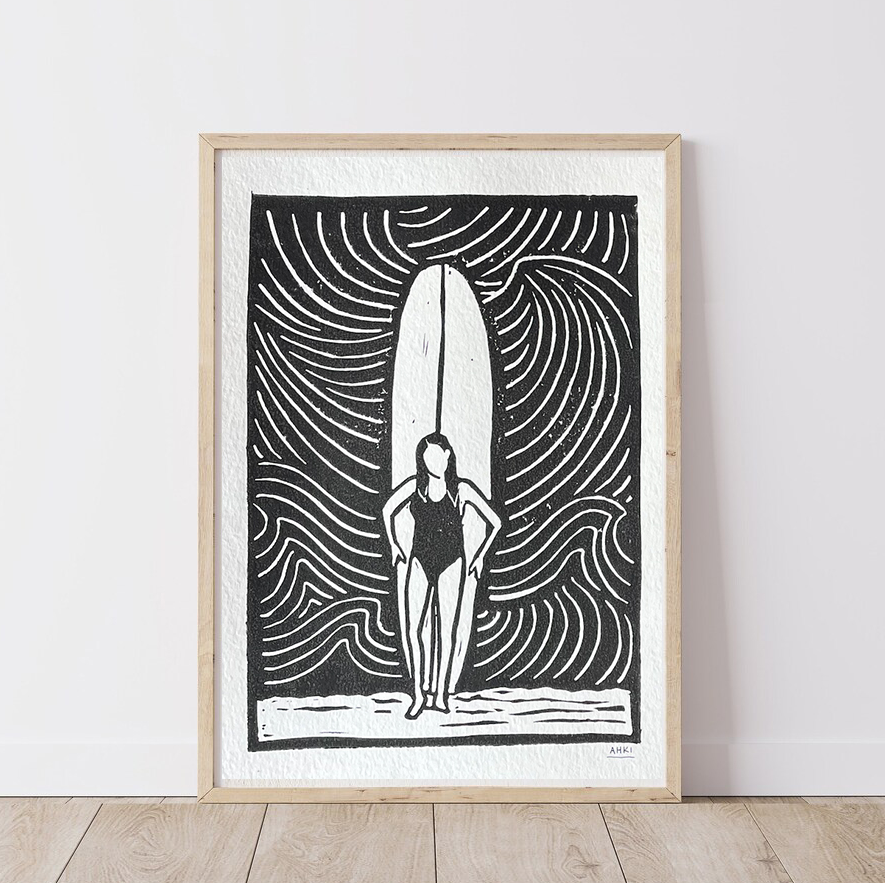 Surf Girl and Board - Lino Block Print