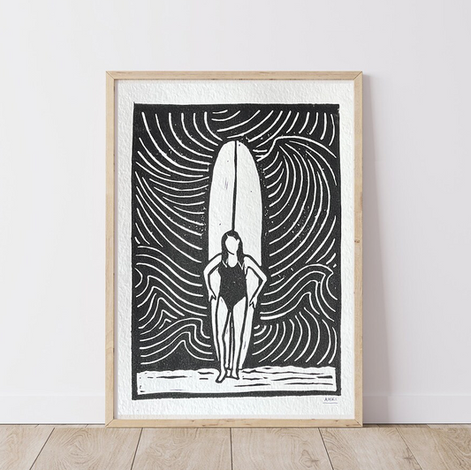 Surf Girl and Board - Lino Block Print