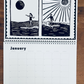 Calendar page for January with black and white illustrations of people surfing on a wooden surface.