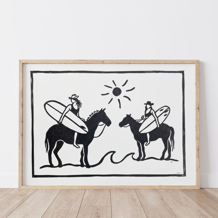 Framed artwork of two people riding horses with surfboards on a white background.