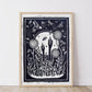 Growing Garden Navy Blue Lino Block Print